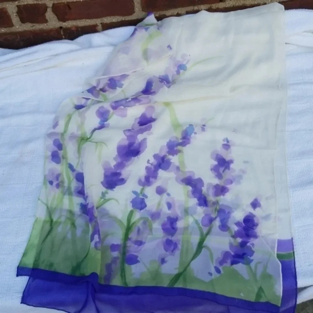 Vintage Silk Organza Watercolor Floral Scarf Sheer Lavender Green Wrap